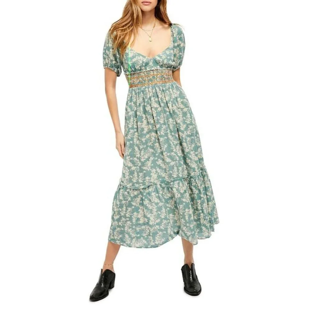 Free People Printed Ellie Maxi Dress Green Floral Smocked Peasant Size Small - Picture 3 of 13